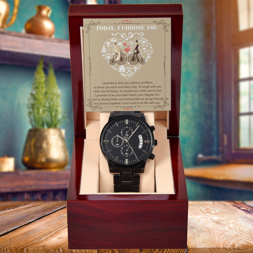 Wedding Day Gift from Bride to Groom - I Choose You - Black Chronograph Watch
