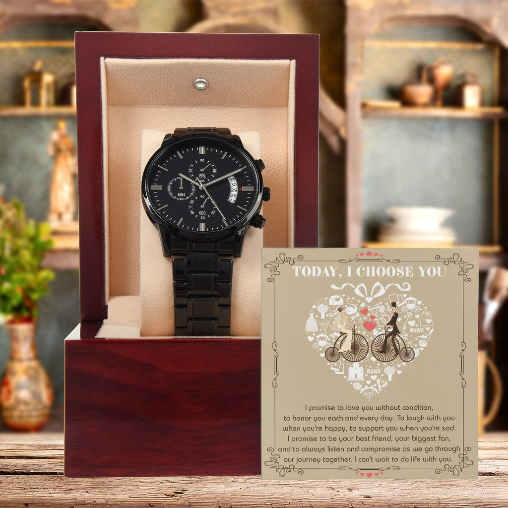 Wedding Day Gift from Bride to Groom - I Choose You - Black Chronograph Watch