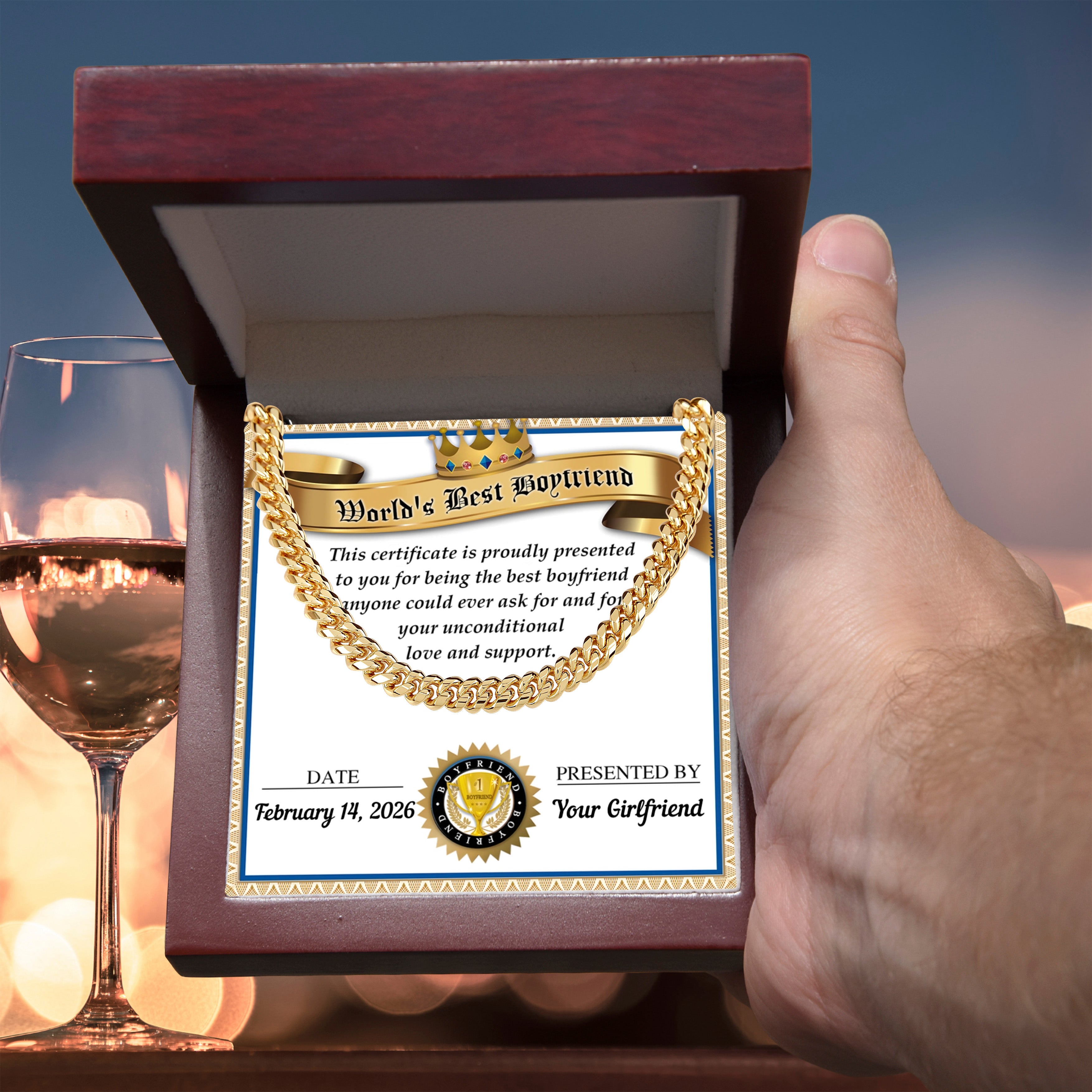 World's Best Boyfriend Cuban Chain Necklace – Personalized Certificate Gift from Girlfriend