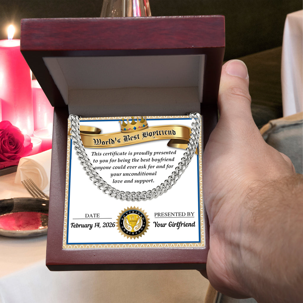 World's Best Boyfriend Cuban Chain Necklace – Personalized Certificate Gift from Girlfriend