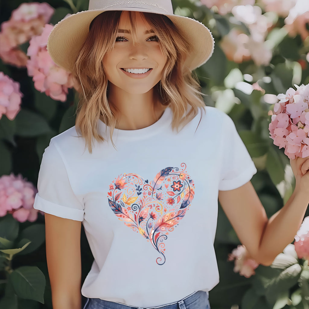 Floral Heart Graphic Tee — Boho Feather & Flower Design