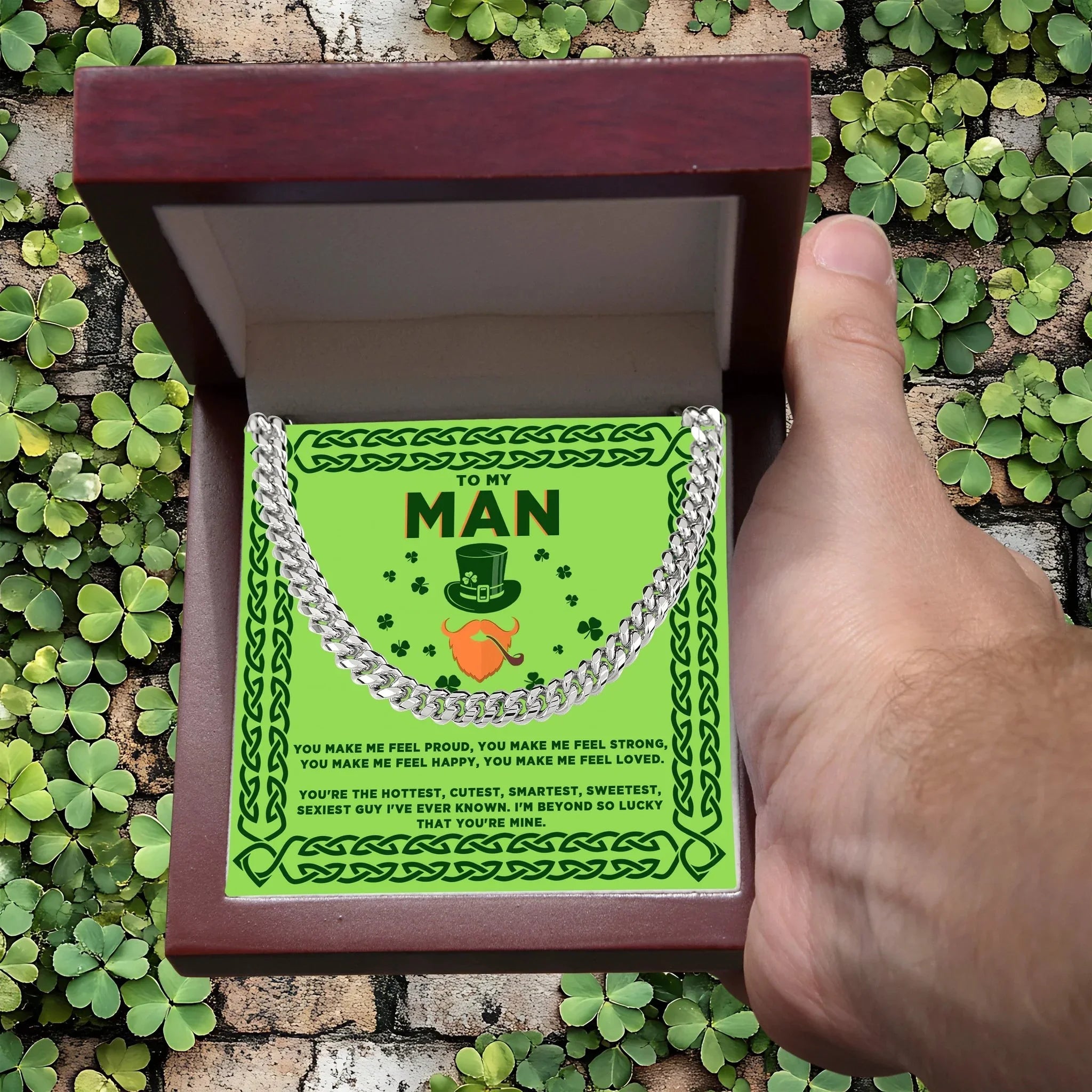 To My Man St. Patrick's Day Cuban Link Chain Necklace – Romantic Gift for Boyfriend or Husband | Gold or Silver Finish