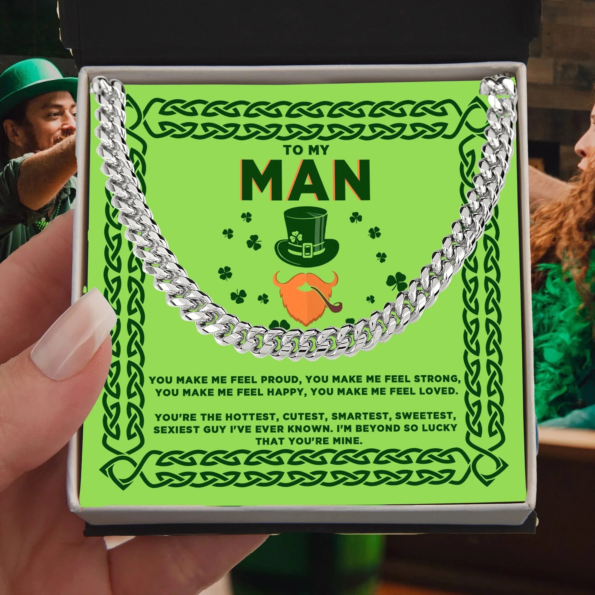 To My Man St. Patrick's Day Cuban Link Chain Necklace – Romantic Gift for Boyfriend or Husband | Gold or Silver Finish