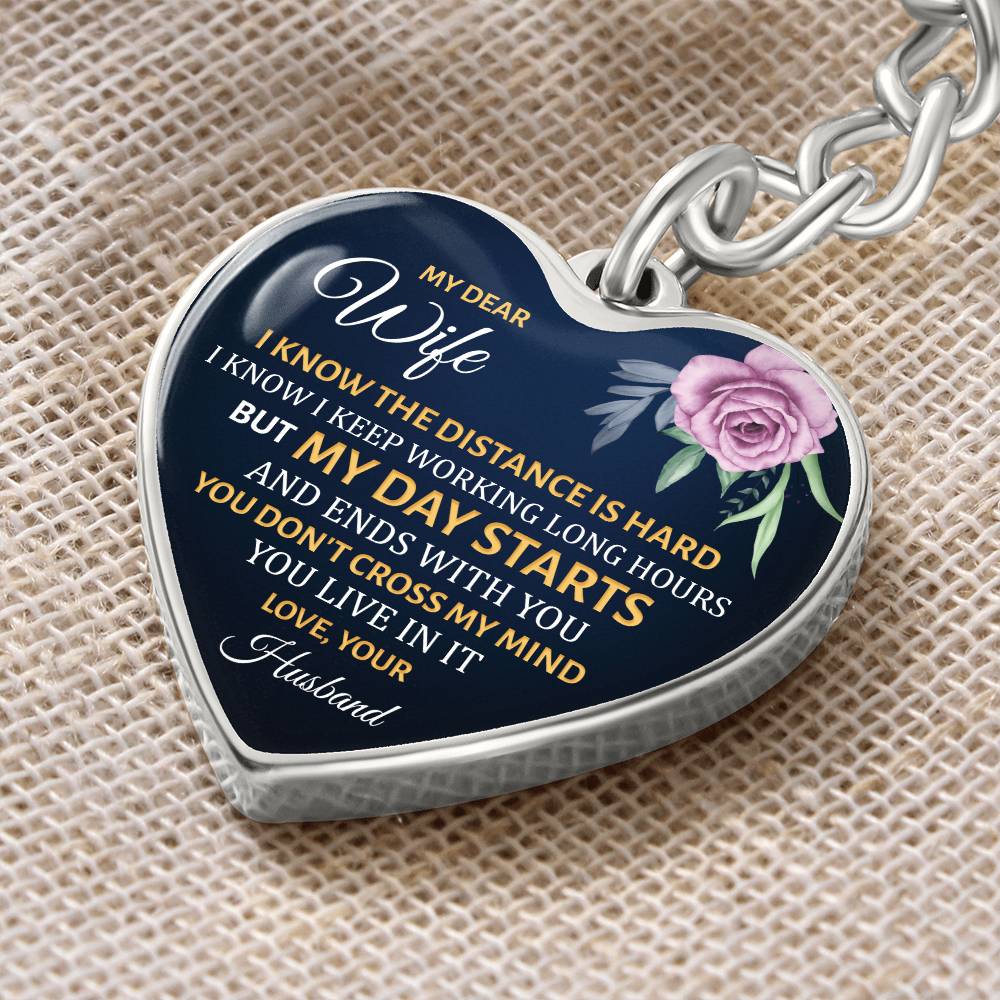 My Dear Wife Heart Keychain – Long Distance Husband Message Gift – Romantic Engraved Keepsake