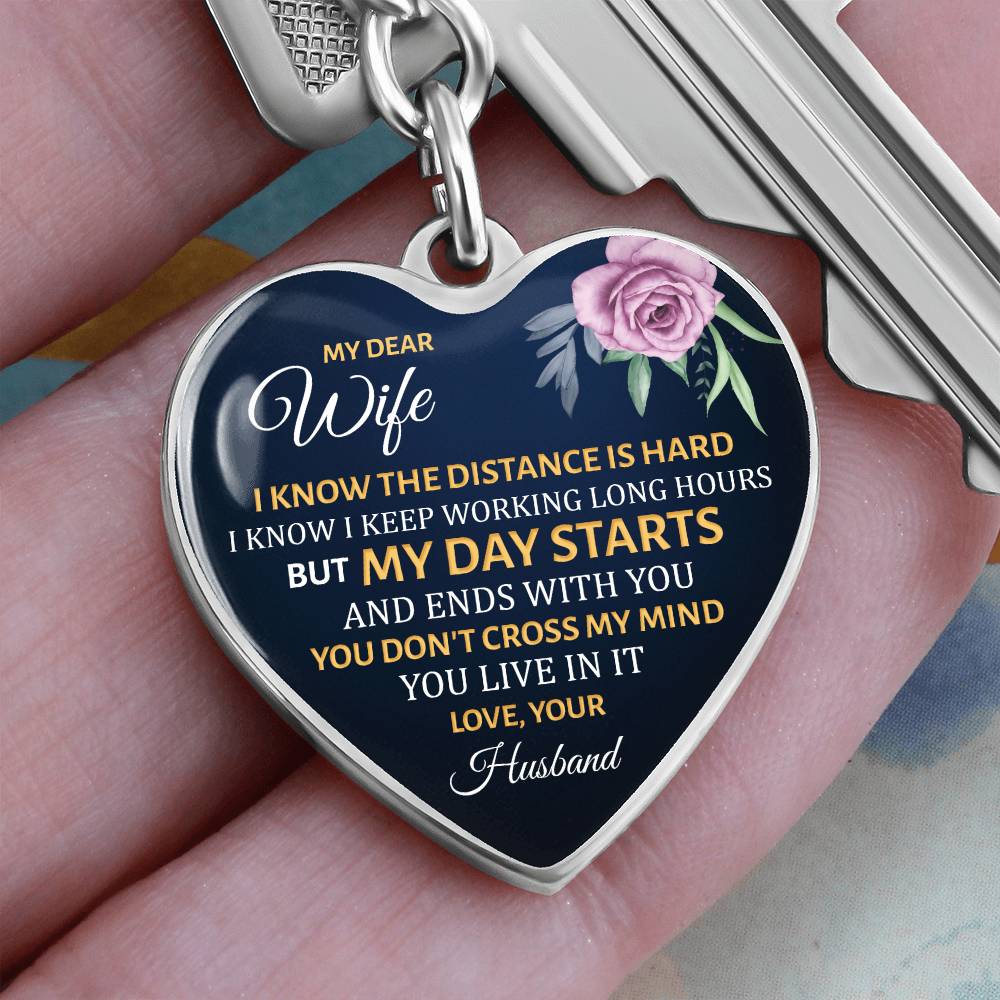 My Dear Wife Heart Keychain – Long Distance Husband Message Gift – Romantic Engraved Keepsake