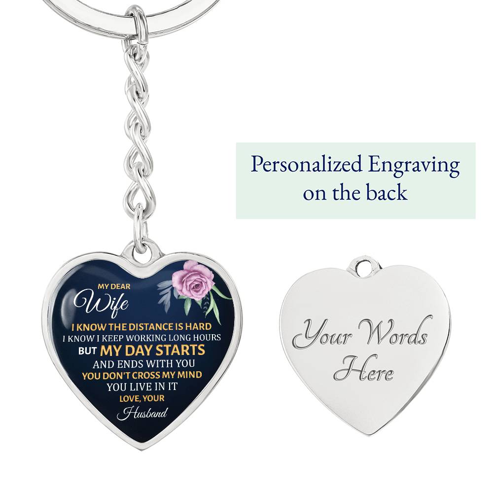 My Dear Wife Heart Keychain – Long Distance Husband Message Gift – Romantic Engraved Keepsake
