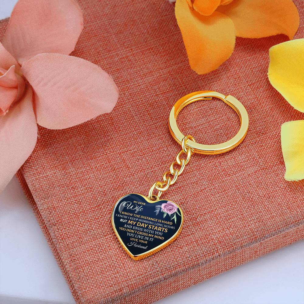 My Dear Wife Heart Keychain – Long Distance Husband Message Gift – Romantic Engraved Keepsake