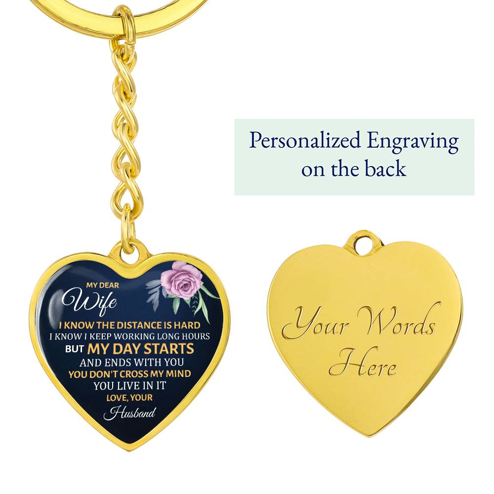 My Dear Wife Heart Keychain – Long Distance Husband Message Gift – Romantic Engraved Keepsake