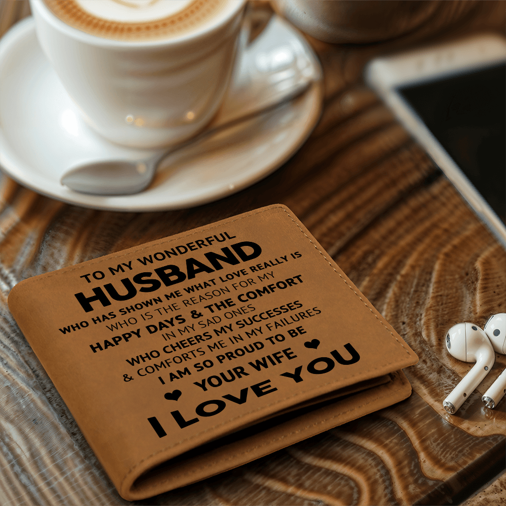 To My Wonderful Husband - Engraved Leather Cowhide Wallet – Meaningful Gift from Wife