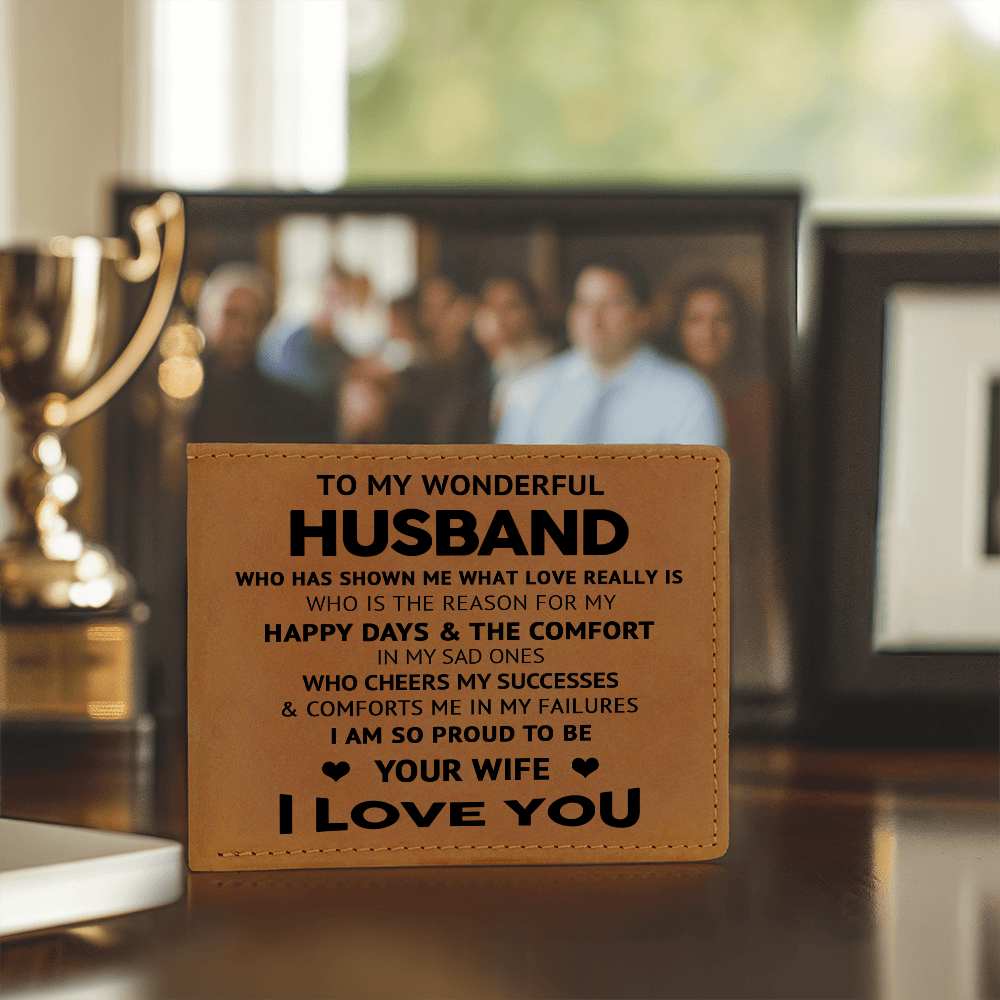 To My Wonderful Husband - Engraved Leather Cowhide Wallet – Meaningful Gift from Wife