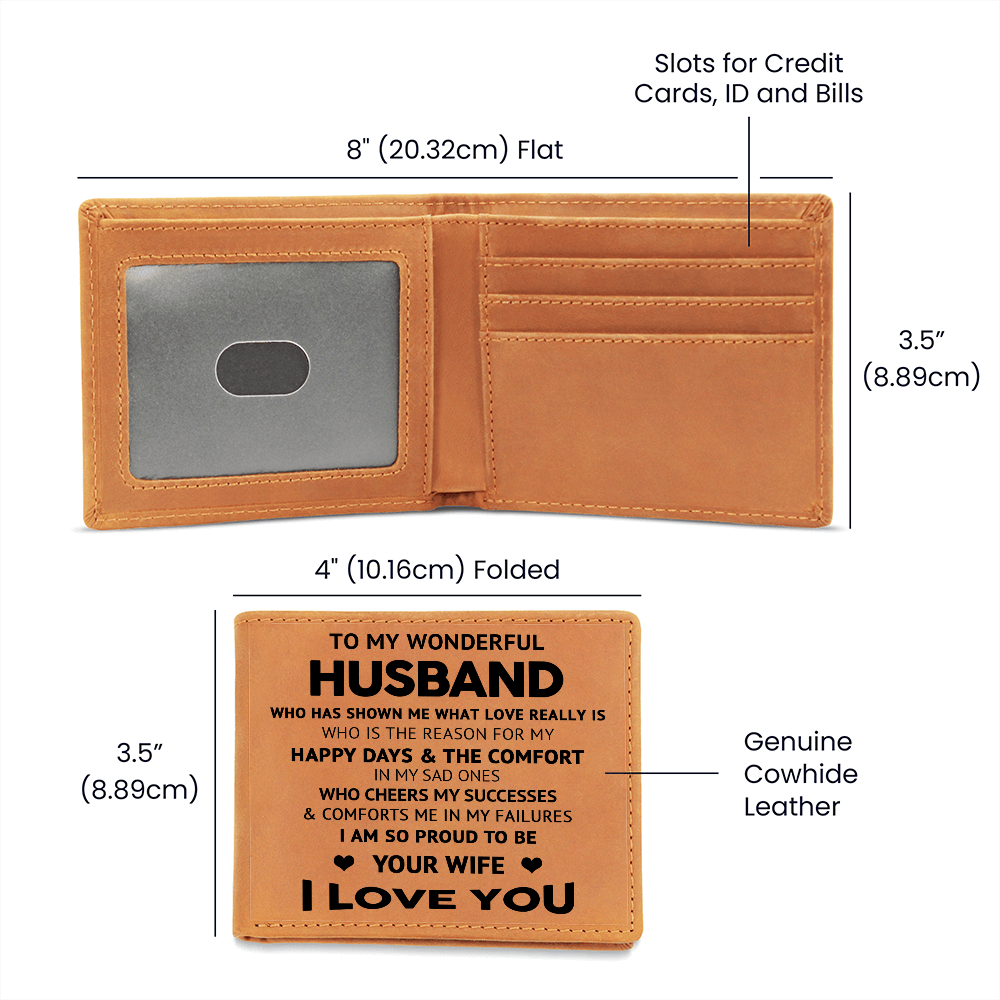 To My Wonderful Husband - Engraved Leather Cowhide Wallet – Meaningful Gift from Wife