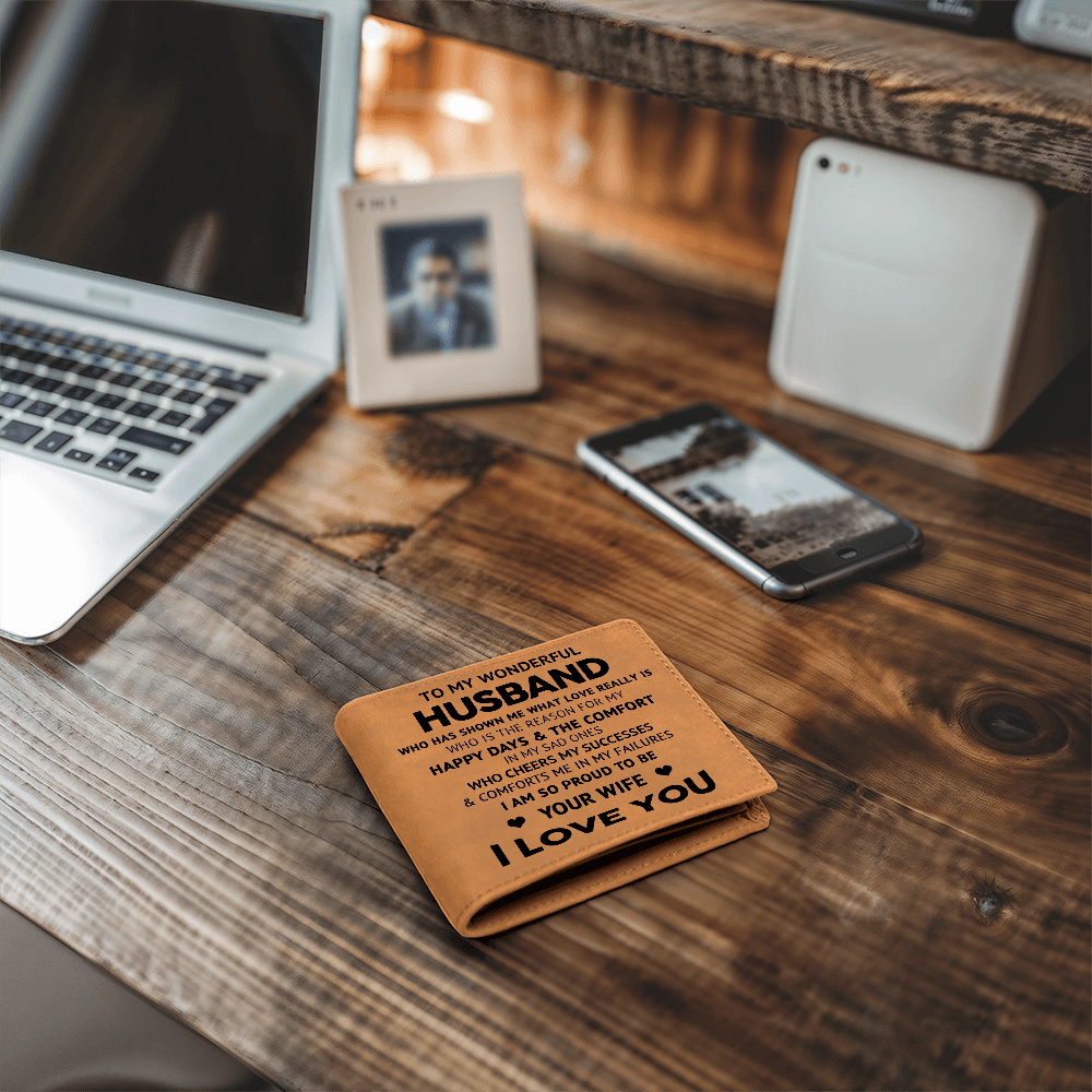 To My Wonderful Husband - Engraved Leather Cowhide Wallet – Meaningful Gift from Wife