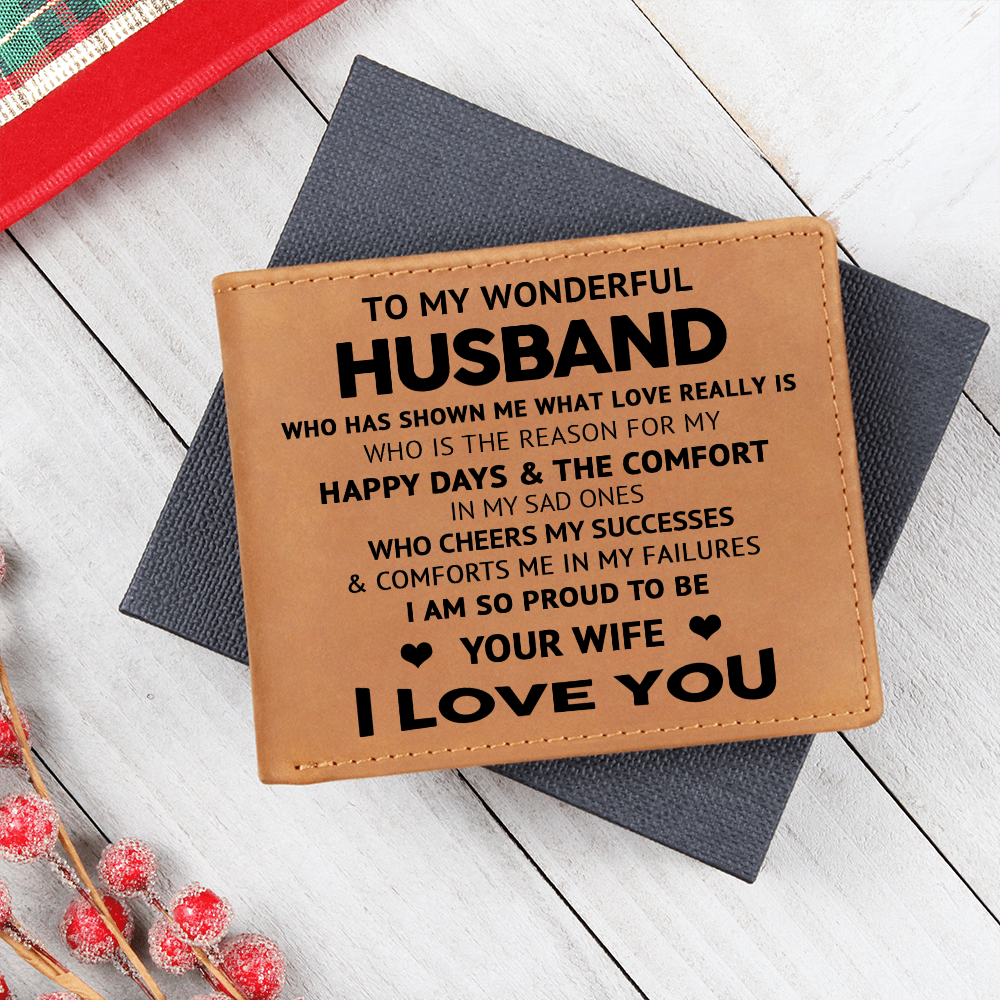 To My Wonderful Husband - Engraved Leather Cowhide Wallet – Meaningful Gift from Wife