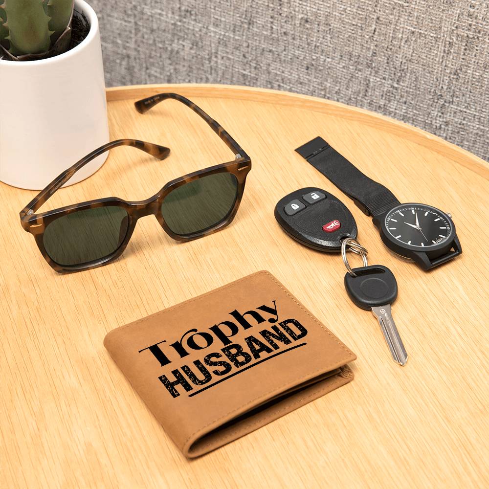 Trophy Husband Cowhide Leather Bifold Wallet – Funny & Stylish Gift for Him