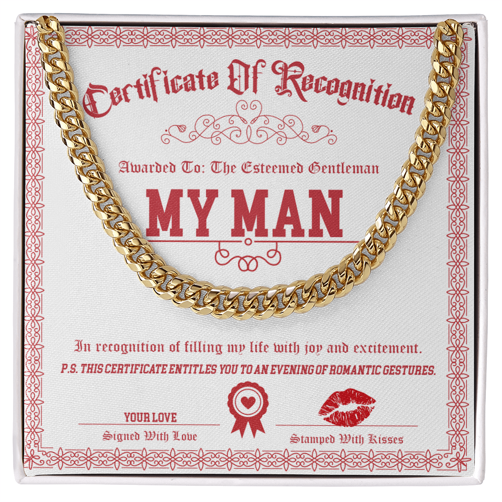 My Man Cuban Link Chain – Funny & Flirty Gift with Certificate Message Card