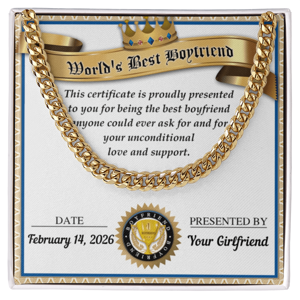 World's Best Boyfriend Cuban Chain Necklace – Personalized Certificate Gift from Girlfriend