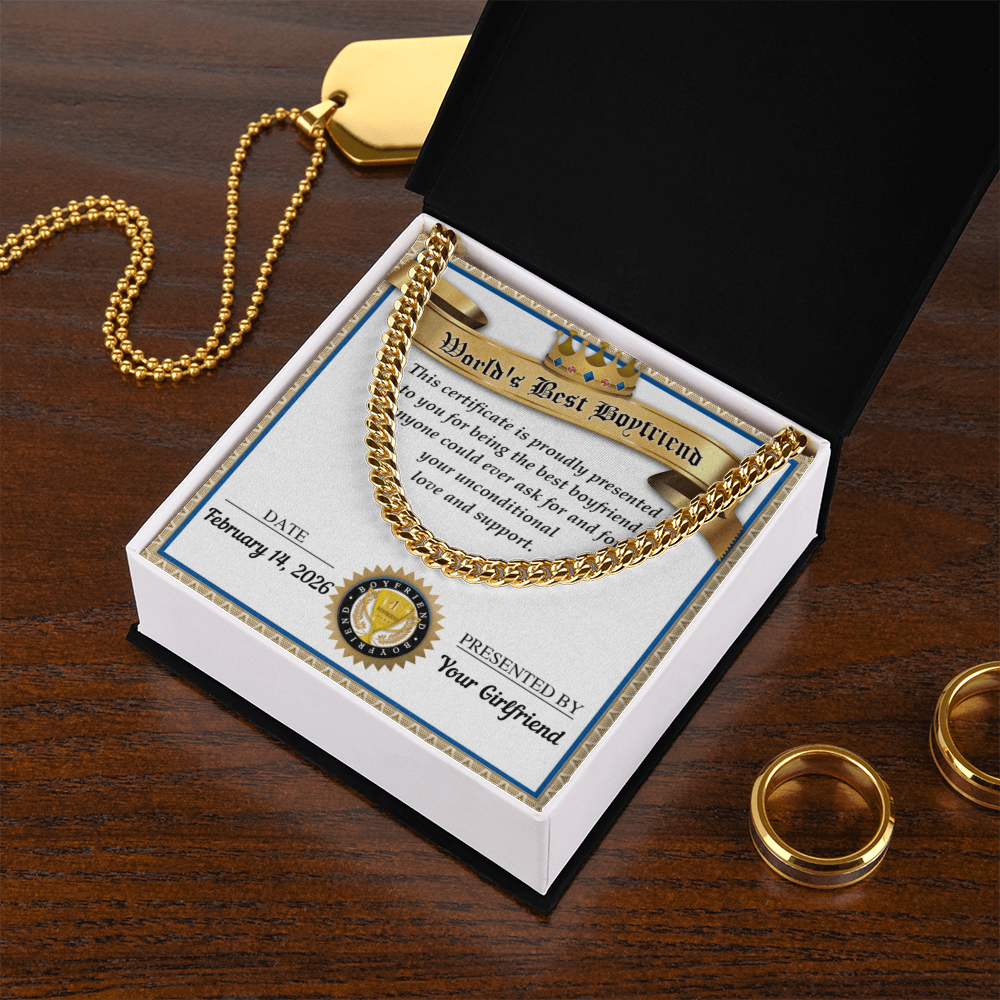 World's Best Boyfriend Cuban Chain Necklace – Personalized Certificate Gift from Girlfriend