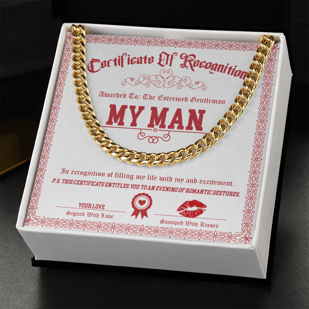 My Man Cuban Link Chain – Funny & Flirty Gift with Certificate Message Card