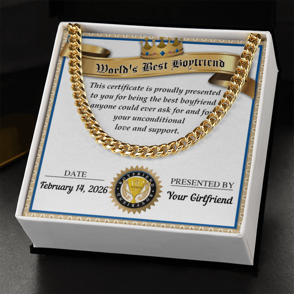 World's Best Boyfriend Cuban Chain Necklace – Personalized Certificate Gift from Girlfriend
