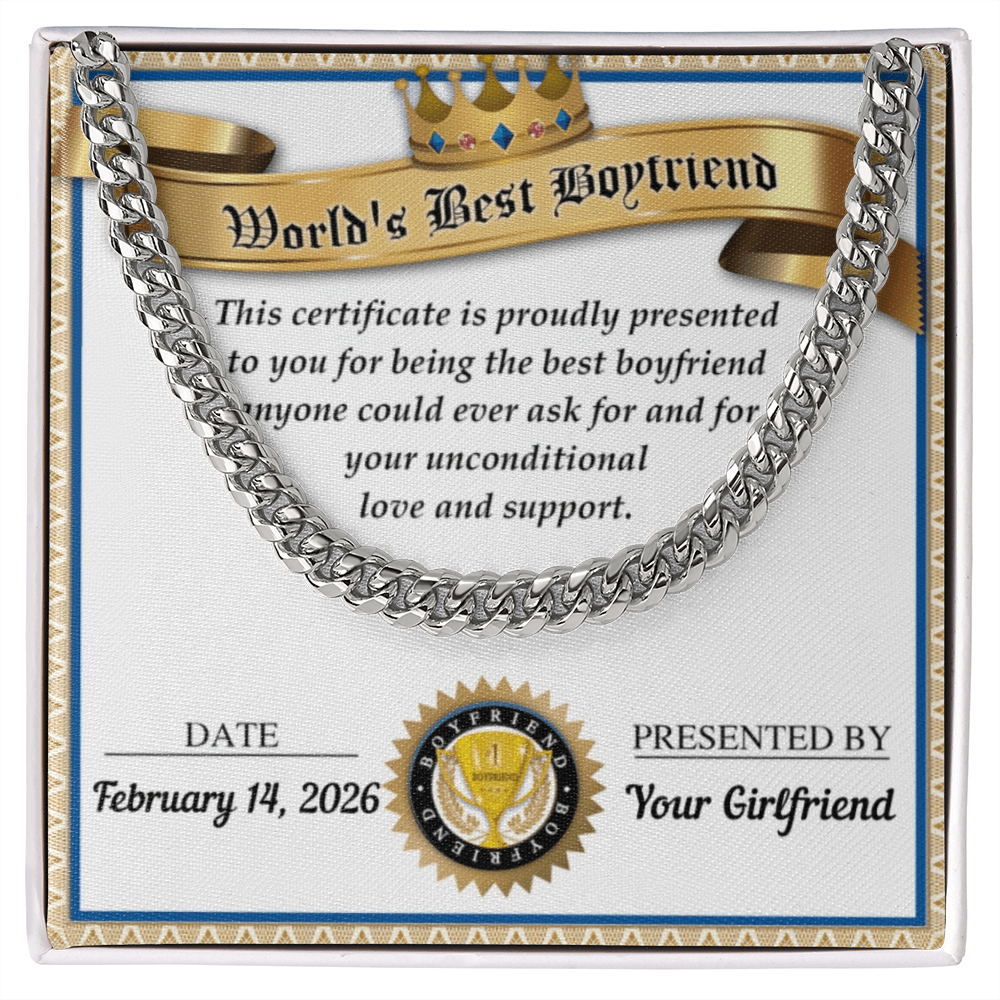 World's Best Boyfriend Cuban Chain Necklace – Personalized Certificate Gift from Girlfriend