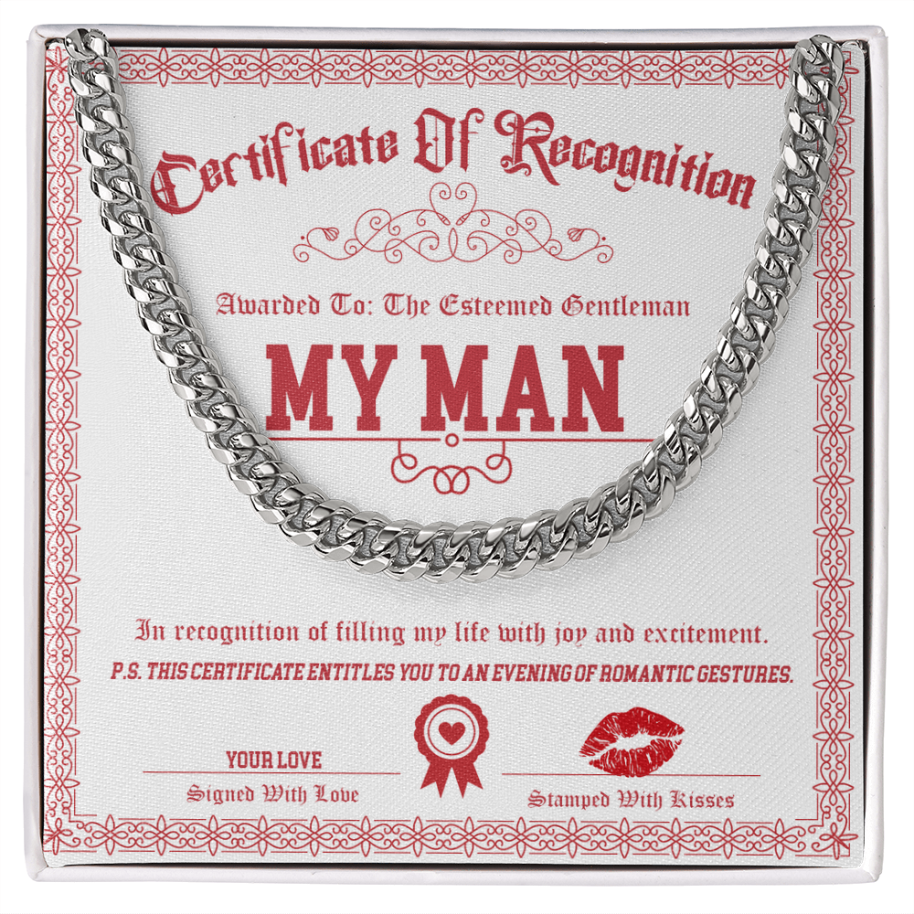 My Man Cuban Link Chain – Funny & Flirty Gift with Certificate Message Card
