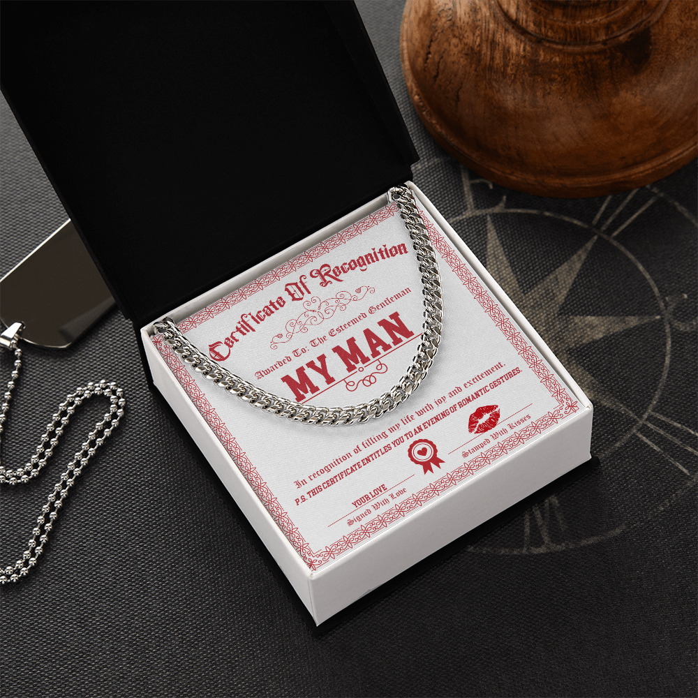 My Man Cuban Link Chain – Funny & Flirty Gift with Certificate Message Card