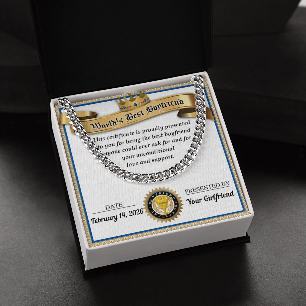 World's Best Boyfriend Cuban Chain Necklace – Personalized Certificate Gift from Girlfriend