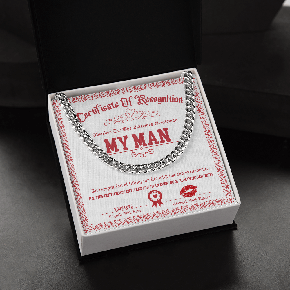 My Man Cuban Link Chain – Funny & Flirty Gift with Certificate Message Card
