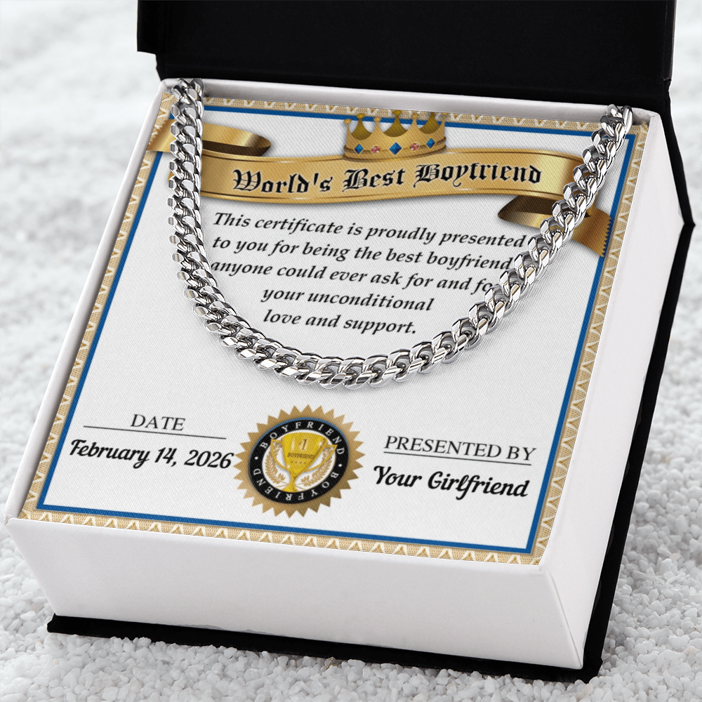 World's Best Boyfriend Cuban Chain Necklace – Personalized Certificate Gift from Girlfriend
