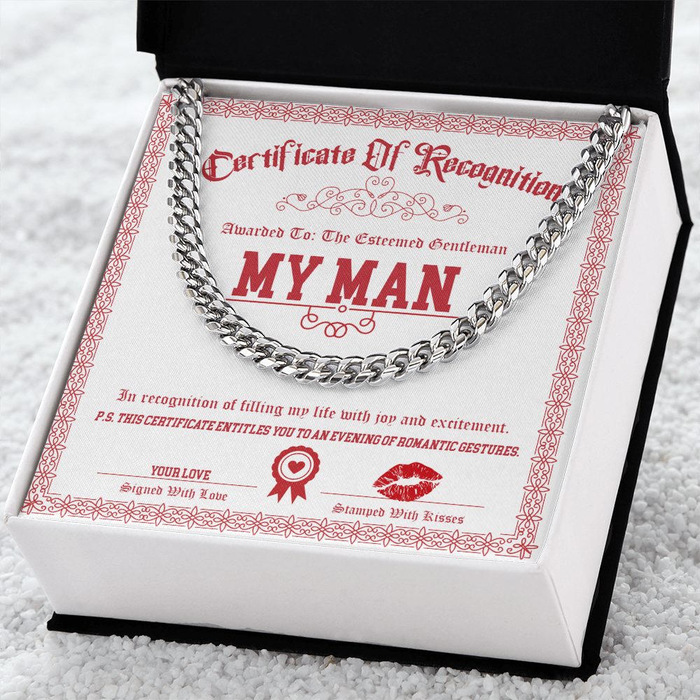 My Man Cuban Link Chain – Funny & Flirty Gift with Certificate Message Card