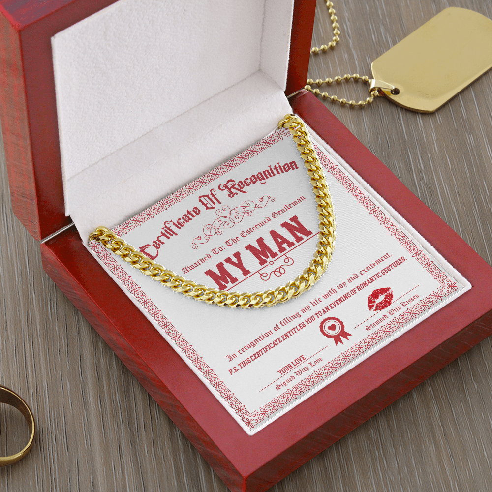 My Man Cuban Link Chain – Funny & Flirty Gift with Certificate Message Card