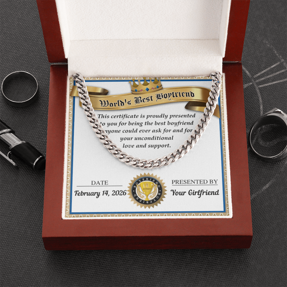 World's Best Boyfriend Cuban Chain Necklace – Personalized Certificate Gift from Girlfriend