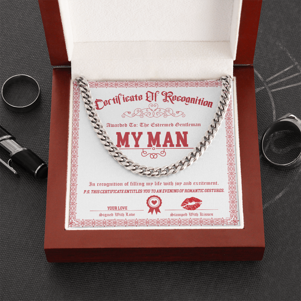 My Man Cuban Link Chain – Funny & Flirty Gift with Certificate Message Card