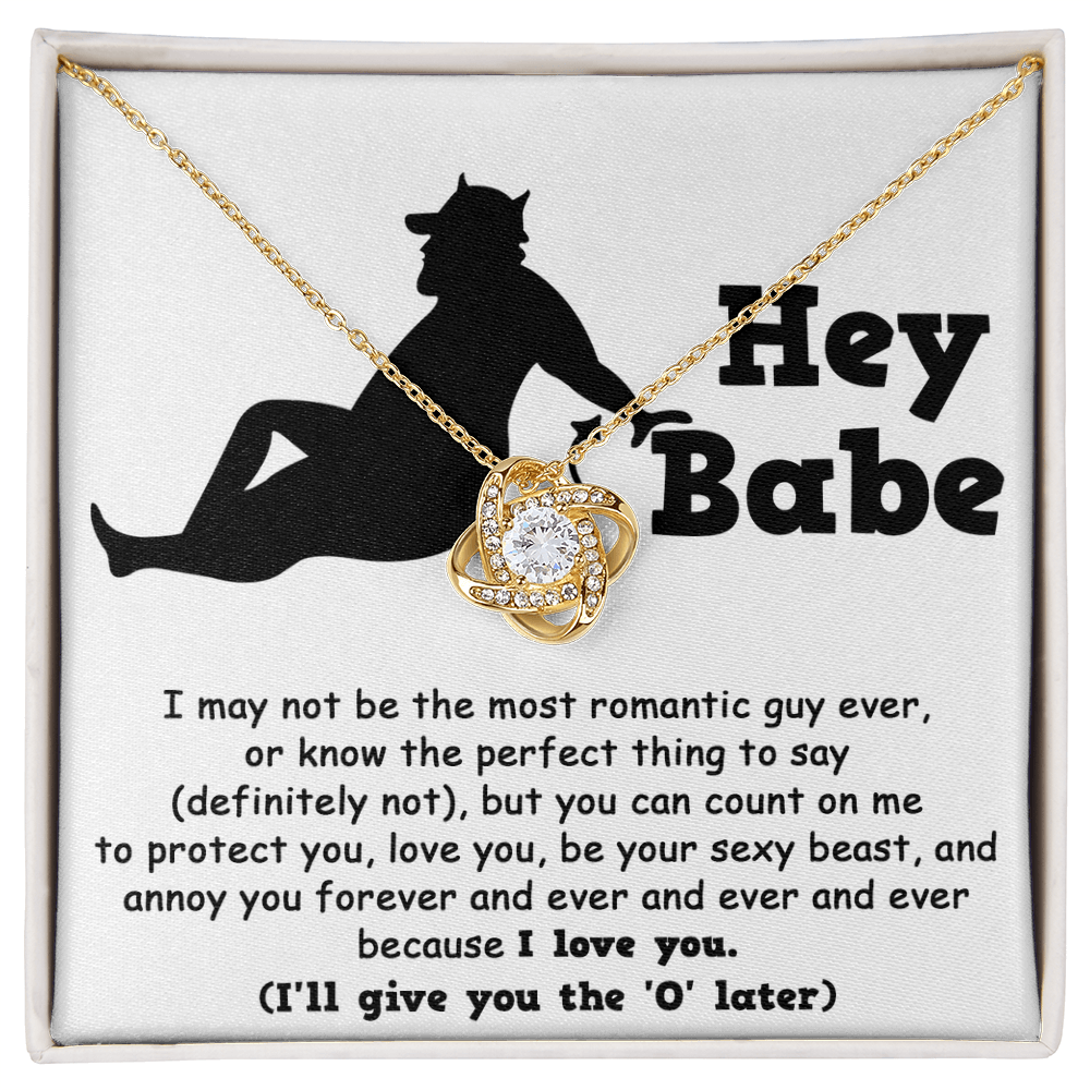 Hey Babe Love Knot Necklace – Funny and Flirty Gift for Girlfriend or Wife with Message Card