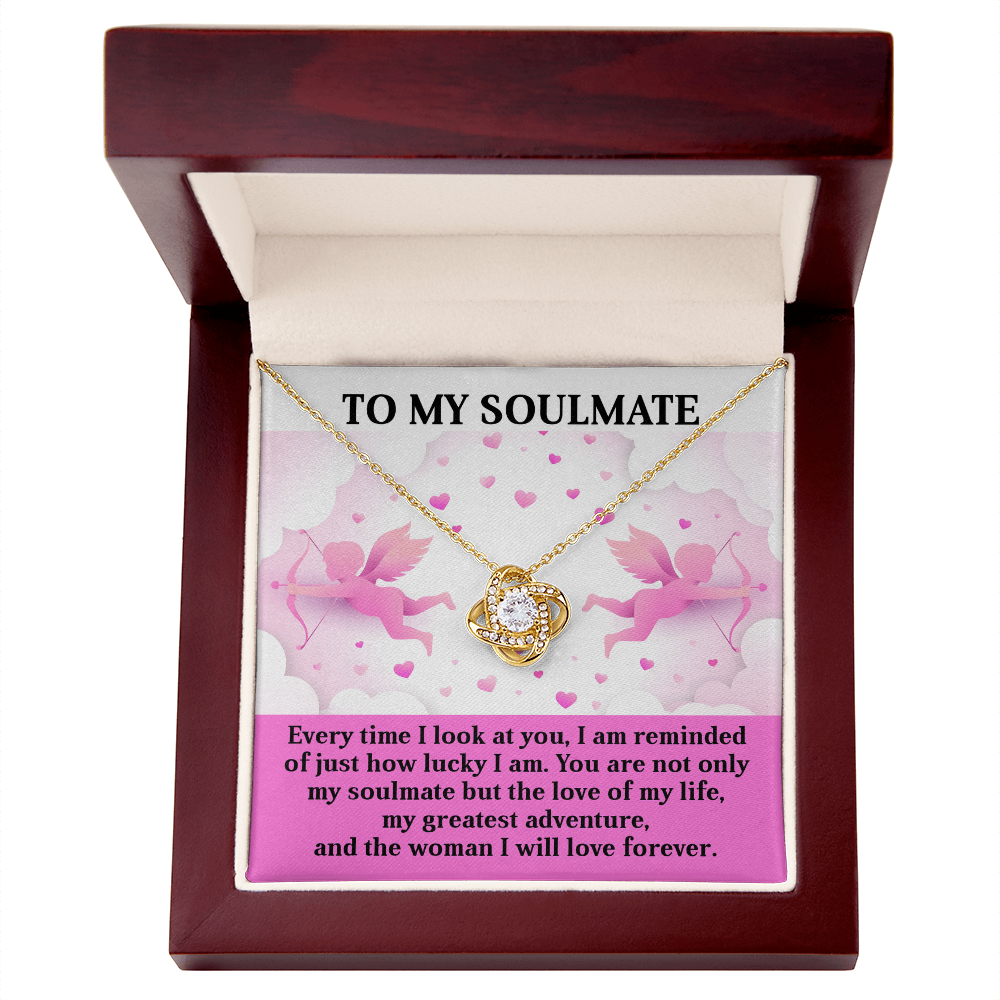 To My Soulmate - Greatest Adventure - Love Knot Necklace with Cupid Message Card