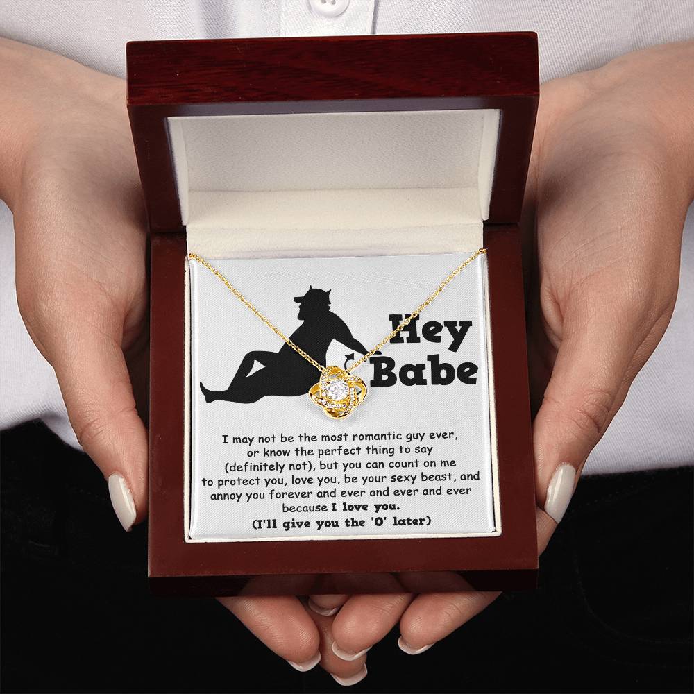 Hey Babe Love Knot Necklace – Funny and Flirty Gift for Girlfriend or Wife with Message Card