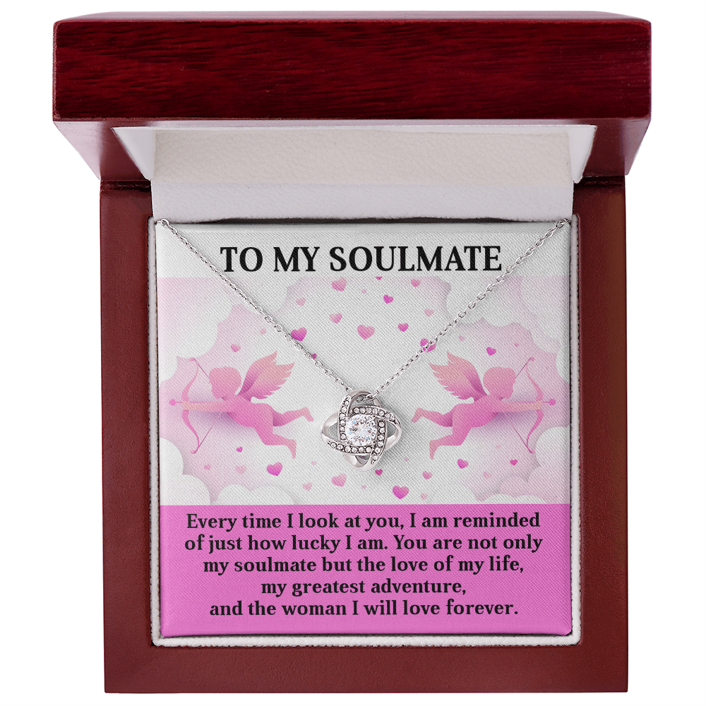 To My Soulmate - Greatest Adventure - Love Knot Necklace with Cupid Message Card