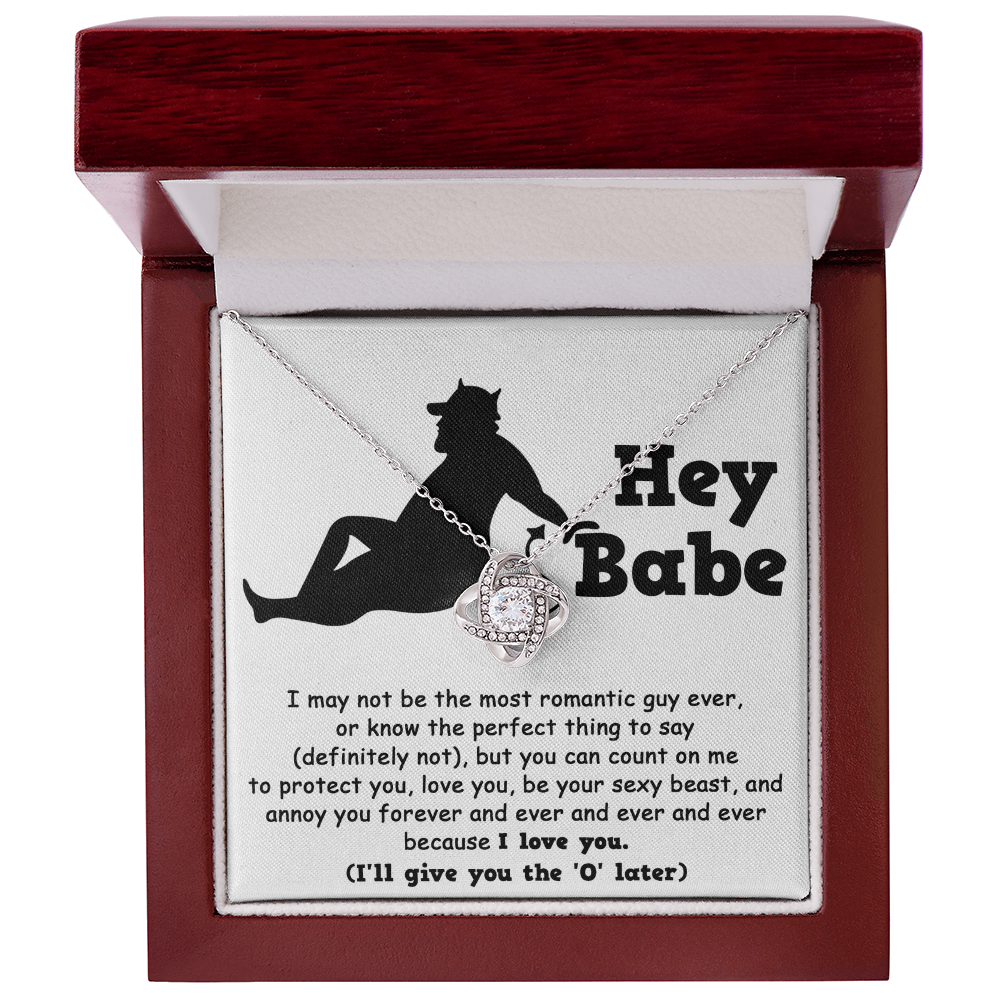 Hey Babe Love Knot Necklace – Funny and Flirty Gift for Girlfriend or Wife with Message Card