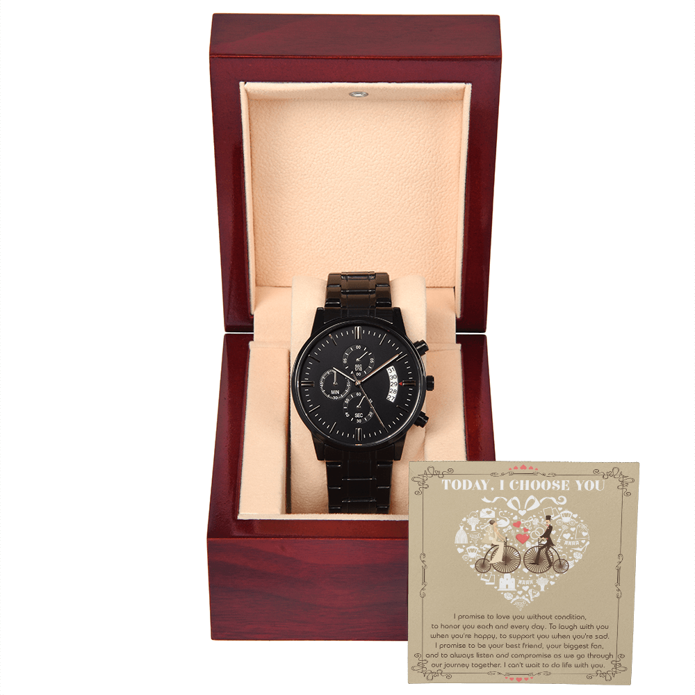 Wedding Day Gift from Bride to Groom - I Choose You - Black Chronograph Watch