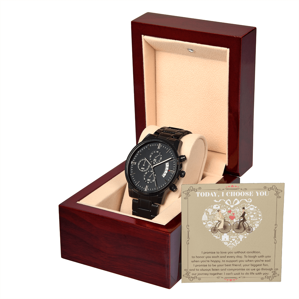 Wedding Day Gift from Bride to Groom - I Choose You - Black Chronograph Watch