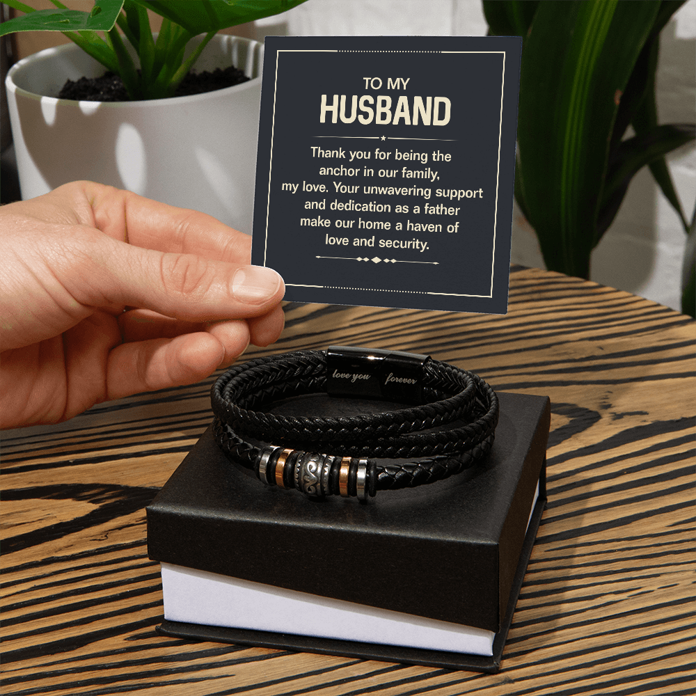Gift for Husband - Anchor in our Family - Men's Leather Bracelet