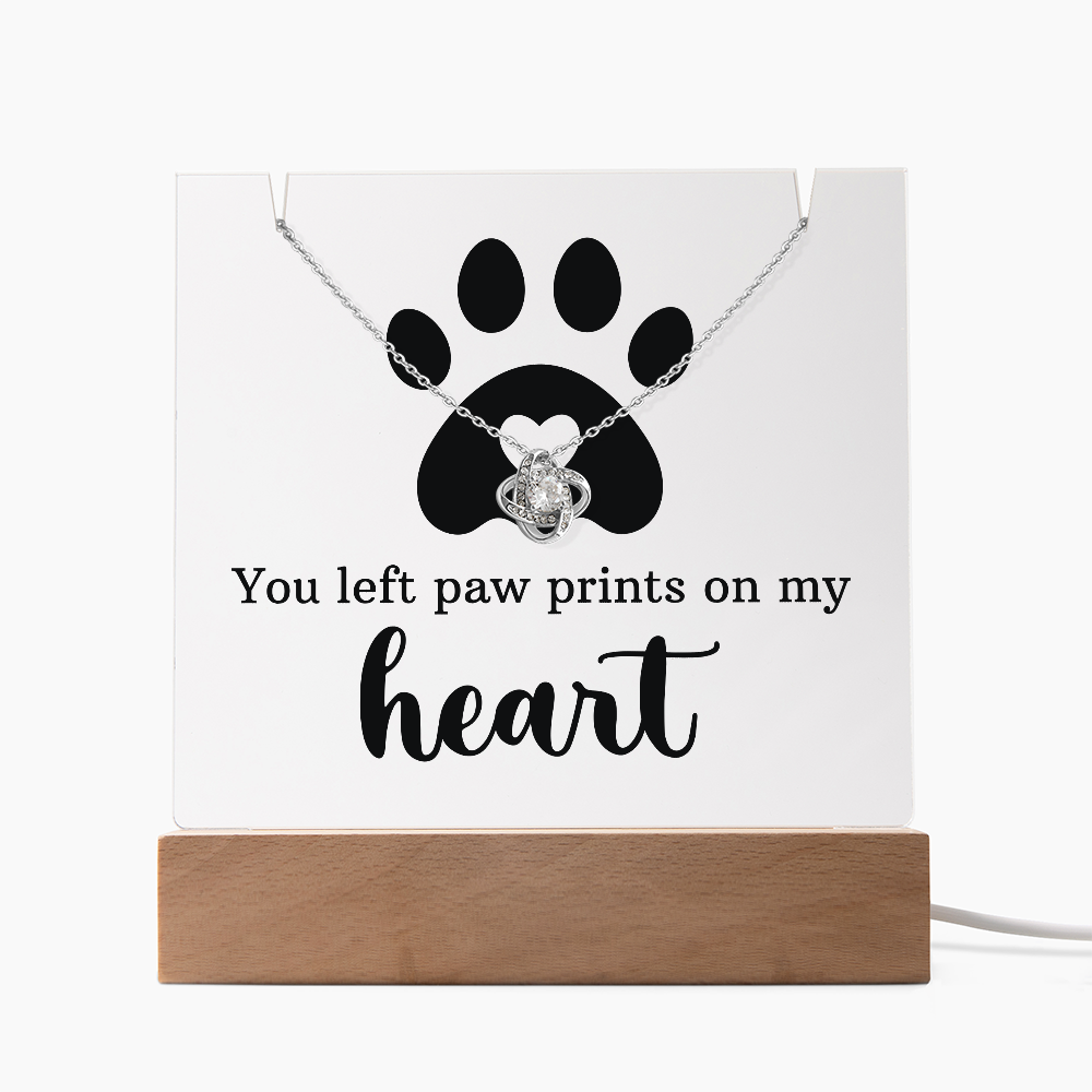 Pet Memorial Paw Prints Necklace & Lighted Acrylic Plaque – “You Left Paw Prints on My Heart” Sympathy Gift for Dog or Cat Lovers