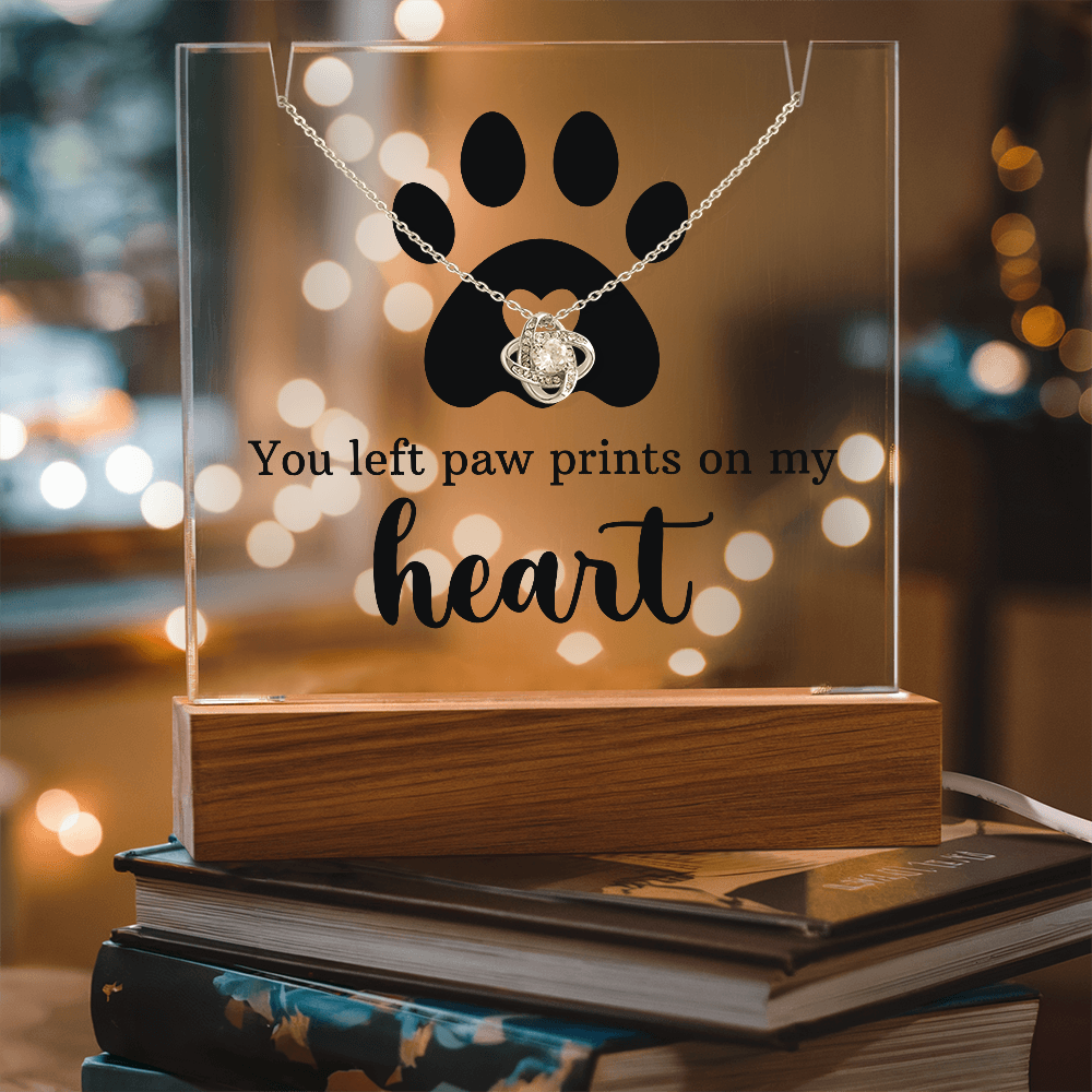 Pet Memorial Paw Prints Necklace & Lighted Acrylic Plaque – “You Left Paw Prints on My Heart” Sympathy Gift for Dog or Cat Lovers
