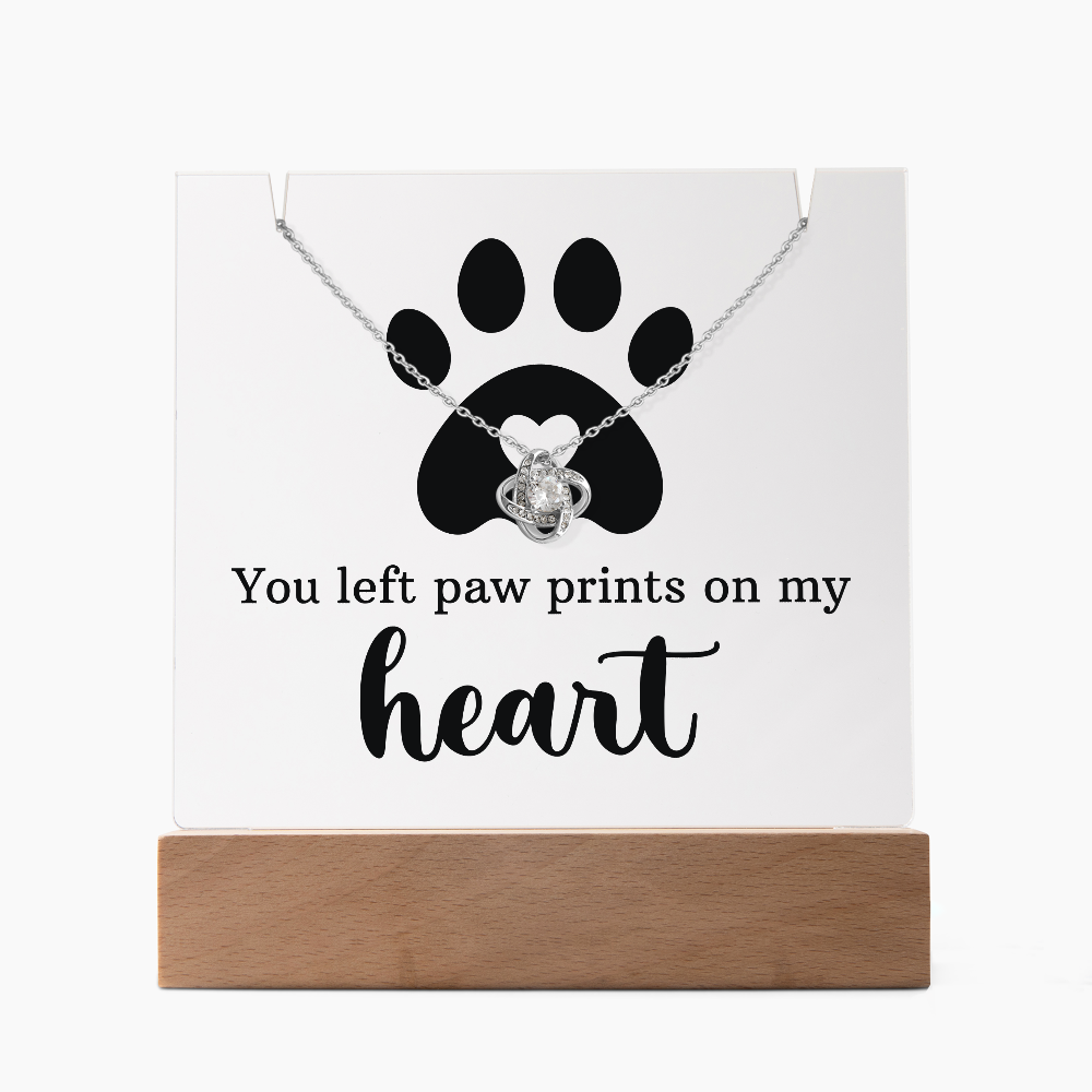Pet Memorial Paw Prints Necklace & Lighted Acrylic Plaque – “You Left Paw Prints on My Heart” Sympathy Gift for Dog or Cat Lovers