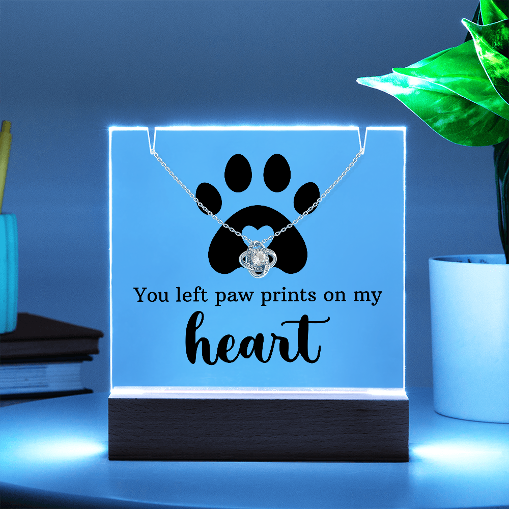 Pet Memorial Paw Prints Necklace & Lighted Acrylic Plaque – “You Left Paw Prints on My Heart” Sympathy Gift for Dog or Cat Lovers