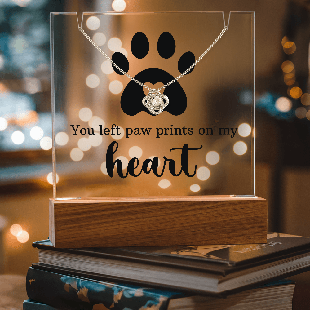 Pet Memorial Paw Prints Necklace & Lighted Acrylic Plaque – “You Left Paw Prints on My Heart” Sympathy Gift for Dog or Cat Lovers