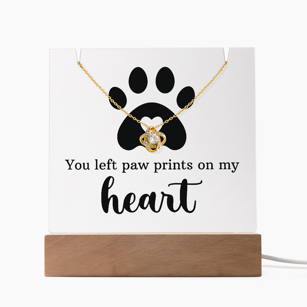 Pet Memorial Paw Prints Necklace & Lighted Acrylic Plaque – “You Left Paw Prints on My Heart” Sympathy Gift for Dog or Cat Lovers