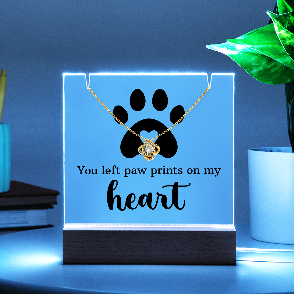 Pet Memorial Paw Prints Necklace & Lighted Acrylic Plaque – “You Left Paw Prints on My Heart” Sympathy Gift for Dog or Cat Lovers