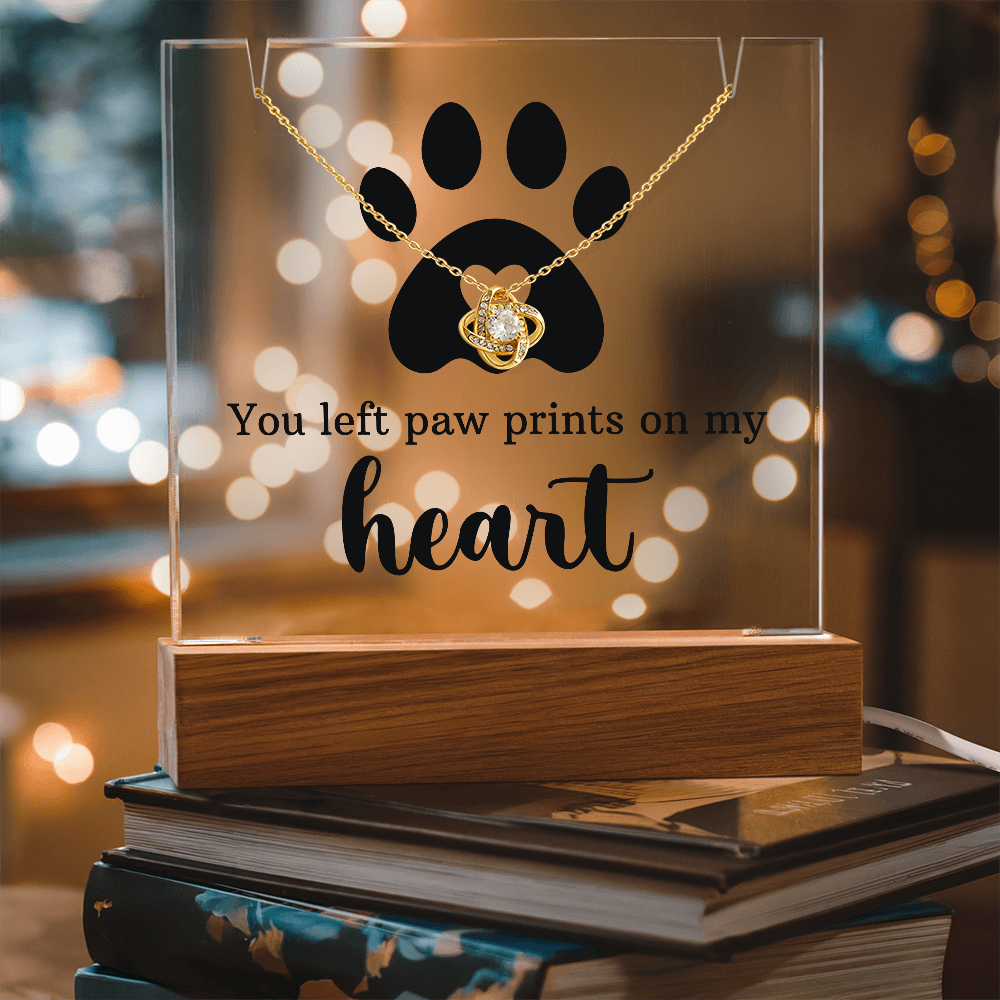 Pet Memorial Paw Prints Necklace & Lighted Acrylic Plaque – “You Left Paw Prints on My Heart” Sympathy Gift for Dog or Cat Lovers