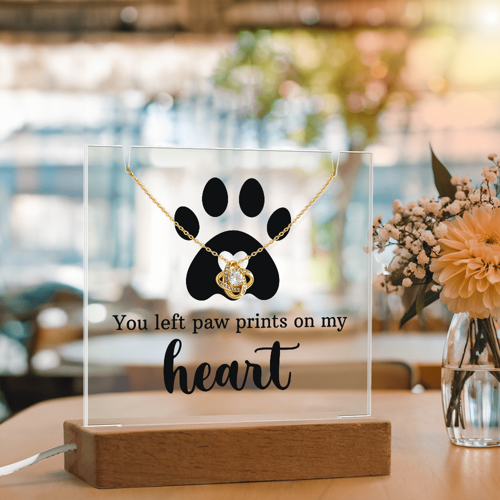 Pet Memorial Paw Prints Necklace & Lighted Acrylic Plaque – “You Left Paw Prints on My Heart” Sympathy Gift for Dog or Cat Lovers
